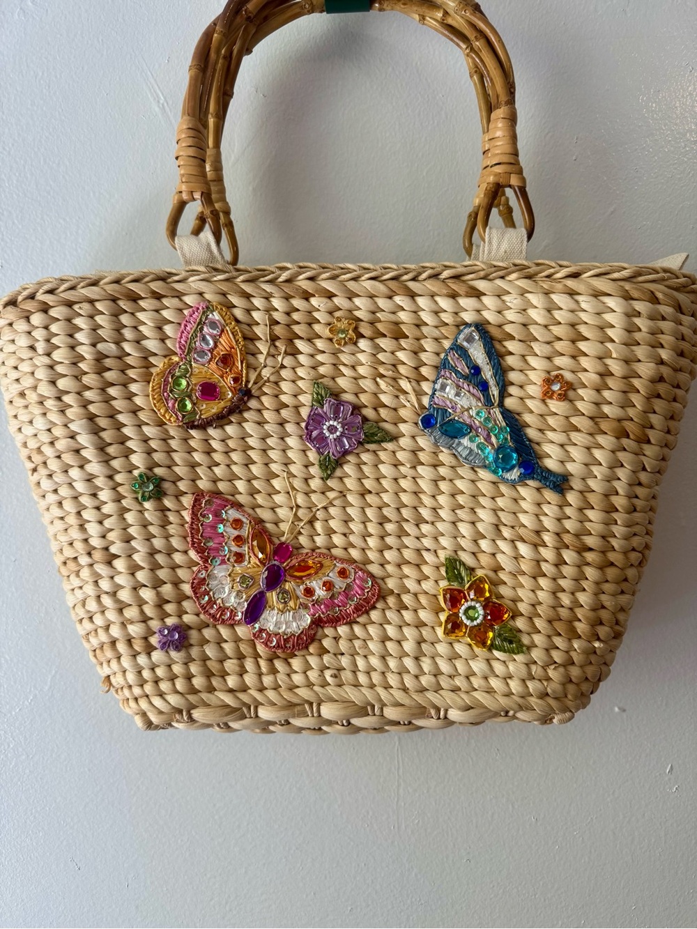 Cappelli Straworld Natural Straw Tote Colorful Embellished Butterflies 15x9” - Picture 3 of 16